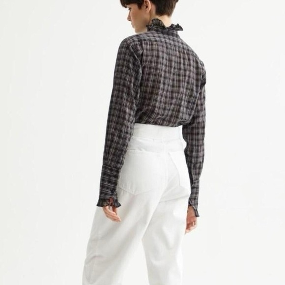 Nili Lotan Black Plaid Vivian Shirt Cotton Ruffle Collar Button Up | M - Picture 2 of 9